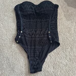 NEW BEAM Black Strapless Swimsuit Women's Size XL Black Crochet Lace